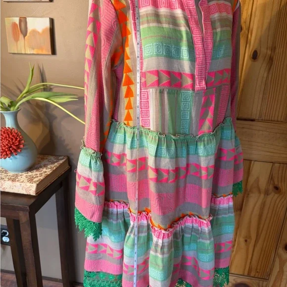 Neon Aztec Jacquard Mini-Dress with embellished lace trim includes two bracelets - Picture 9 of 12